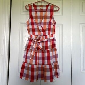 NWOT J.CREW Sz 8 cotton plaid belted V neck side zipper pockets knee length